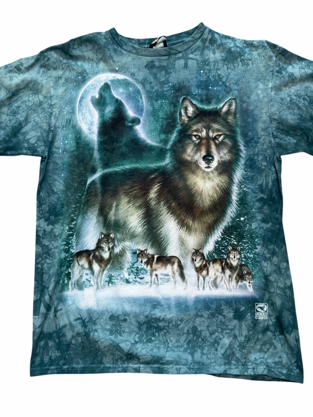 Vintage Liquid Blue Wolf Moon Tee Green Tie Dye Y2K Mens L